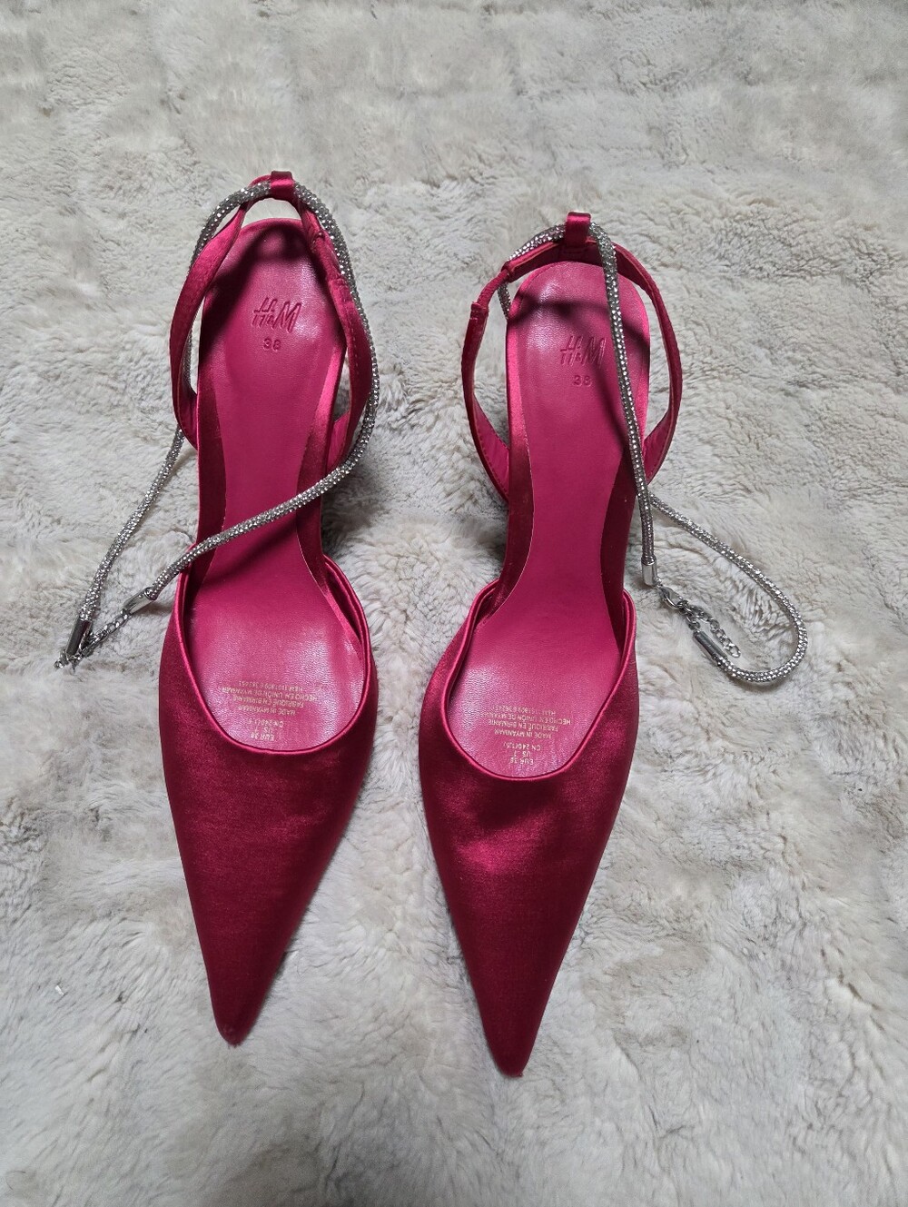 H&M Hot Pink Satin Pointed Toe Heels with Rhinestone Ankle Ties